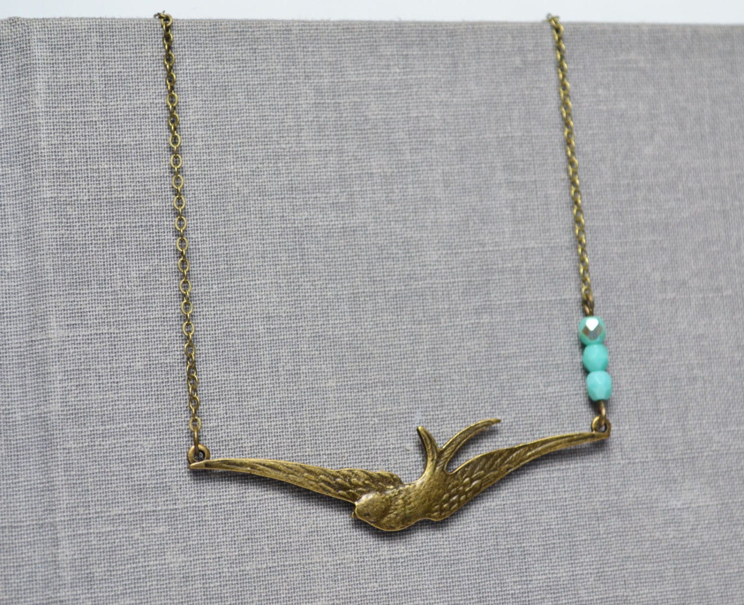 Swallow Sparrow Bird Necklace, Mint Czech Beads, Free Flying Swallow Sparrow Bird Necklace, Bird Jewelry Canadian Shop