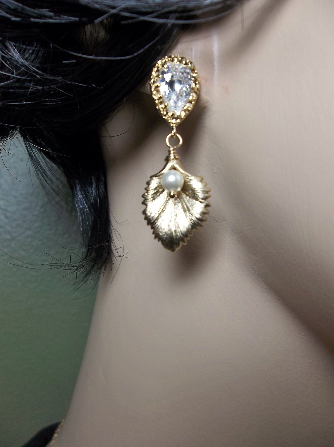 Pearl earrings - Feathers - Sparkling Gold over Sterling Cubic Zirconia posts - Bridal jewelry - bridesmaids- Elegant -