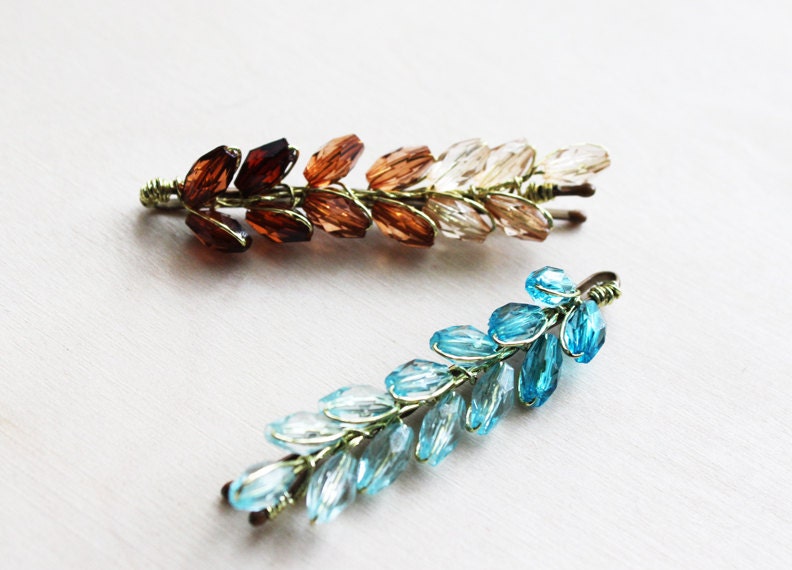 Ombre Leaves Hair Pins, spring, summer, Rustic, Weddings, Hair Accessories, Brown, Turquoise, Bohemian, Fashion, Hair Clip