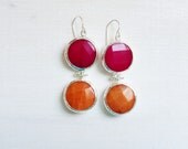 LARGE dangle long  DUAL bright fuchsia pink and citrus orange gemstone earringssilver gemstone earrings Israel jewelry