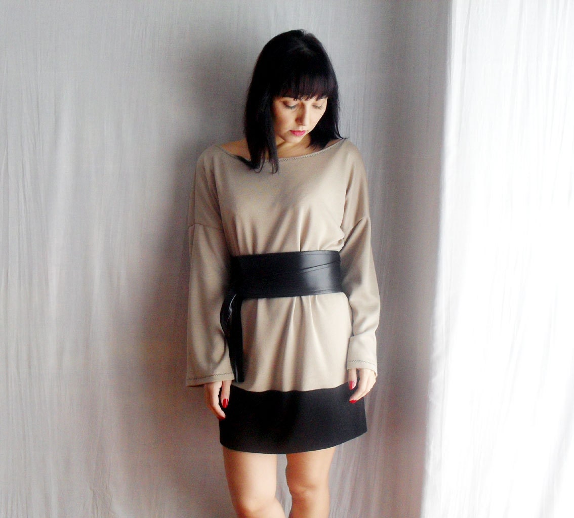 Oversize sweater dress - beige black sweater long sleeve dress one size fits all jumper dress