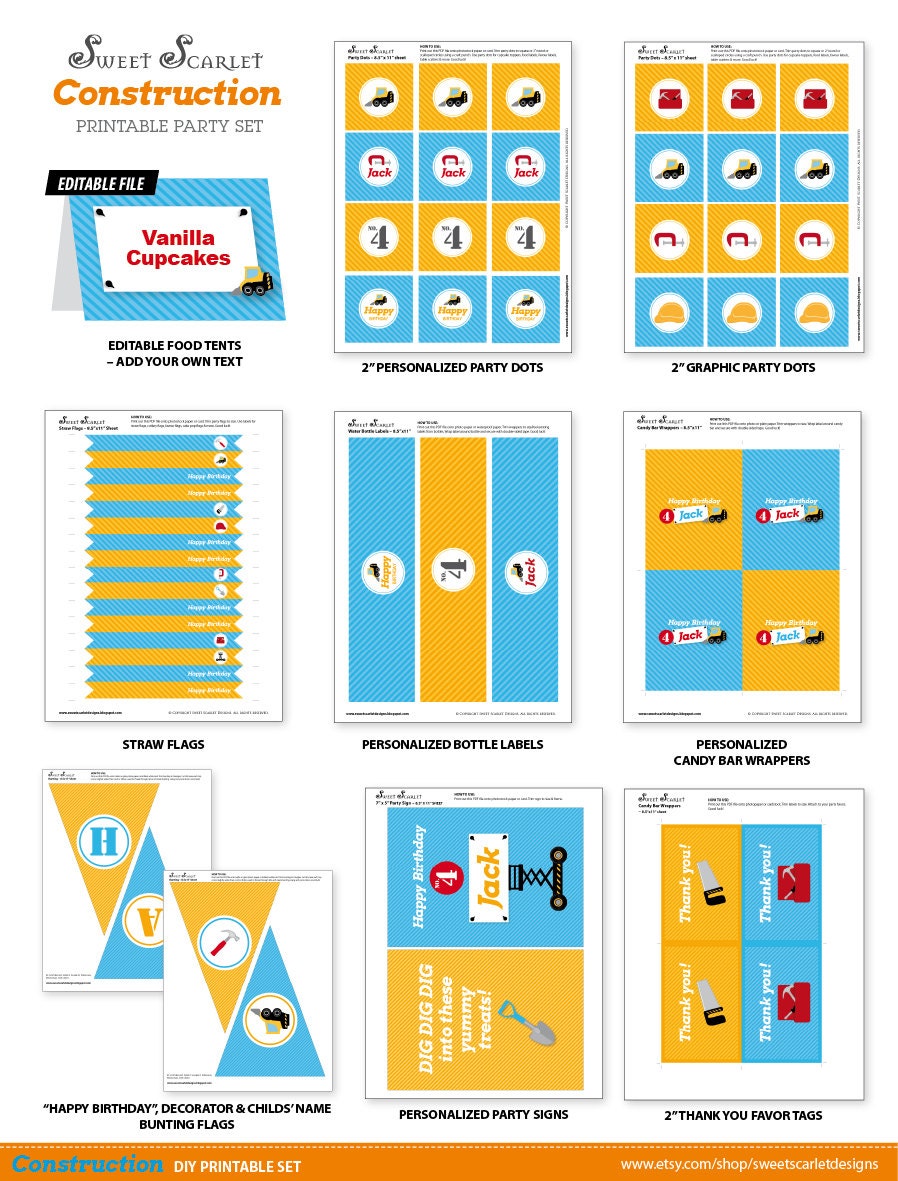 CONSTRUCTION Birthday Party Printable Set  - Cupcake Toppers, Banner, Water Bottle Labels and more