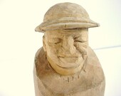 Vintage Hand Carved Mans Head On A Block Of Wood - 1970s
