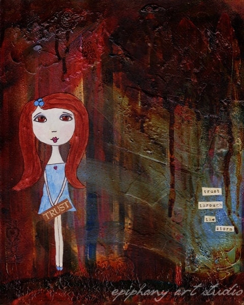 Trust Through the Storm - Inspirational Healing Wall Art - Whimsical Brave Girl Red Hair Hope Trust Affirmation Paper Doll Decor