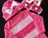 Newborn Baby girl outfit onesie bodysuit romper gown hot pink TAKE ME HOME outtfit lace ribbon bows rhinestone pearl beanie hat and booties