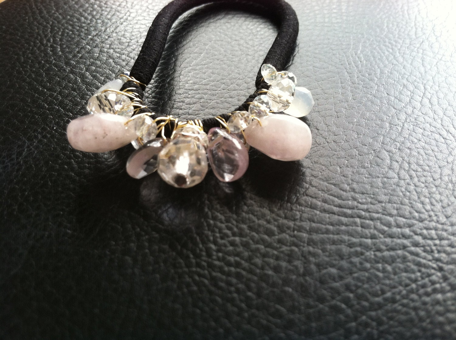 bridal hair accessory, Gemstone beaded  ponytail holder elastic band in amethyst nuggets and crystals.