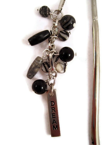 Bookmark, Black Beaded, Silver Tone, Metal Bookmark, Black Stripped Jasper, Gift for Reader, Gemstone Bookmark
