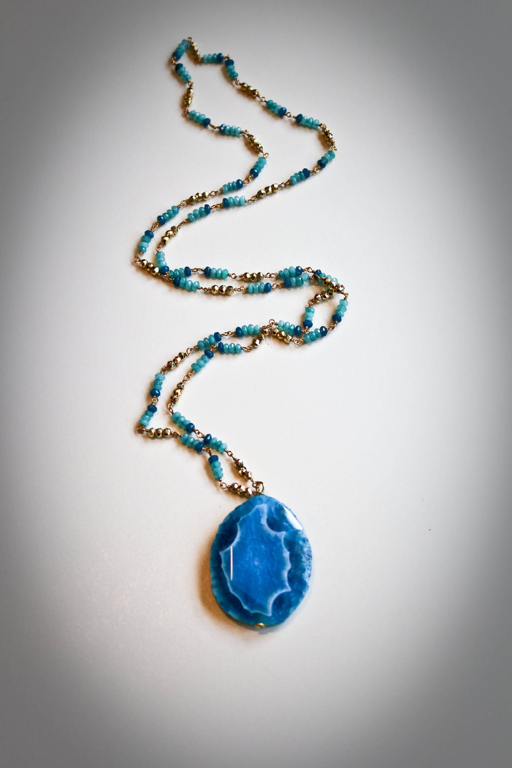 Blue Agate Necklace with Pyrite and Blue Jade Chain