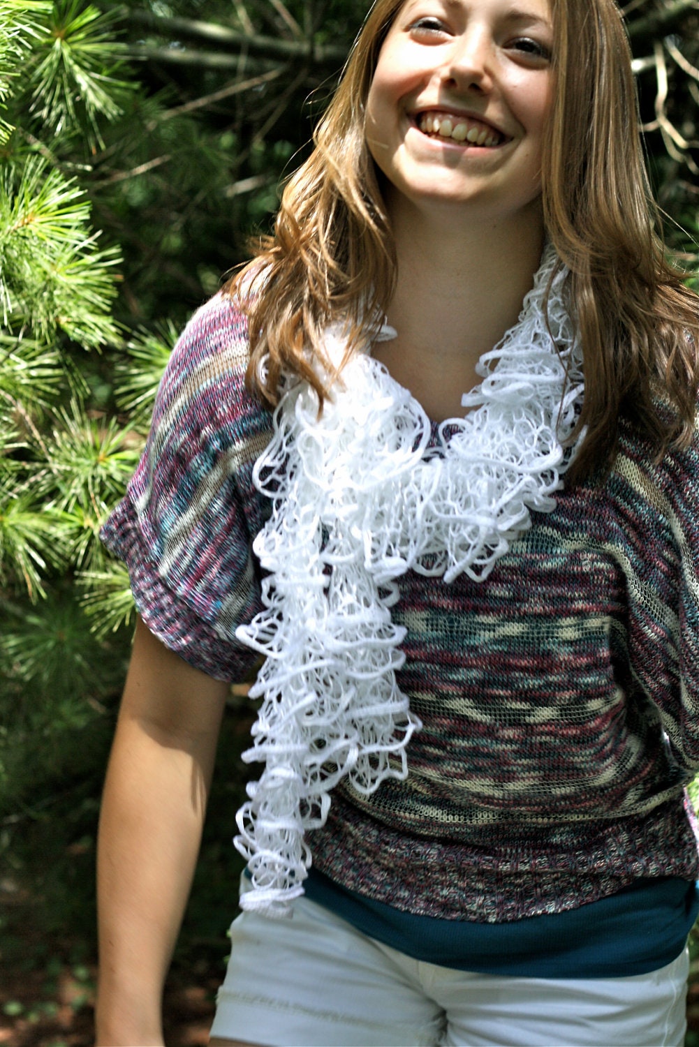 White Rose Knit Scarf - Hand Knit Spiral Lace Ruffle Scarf