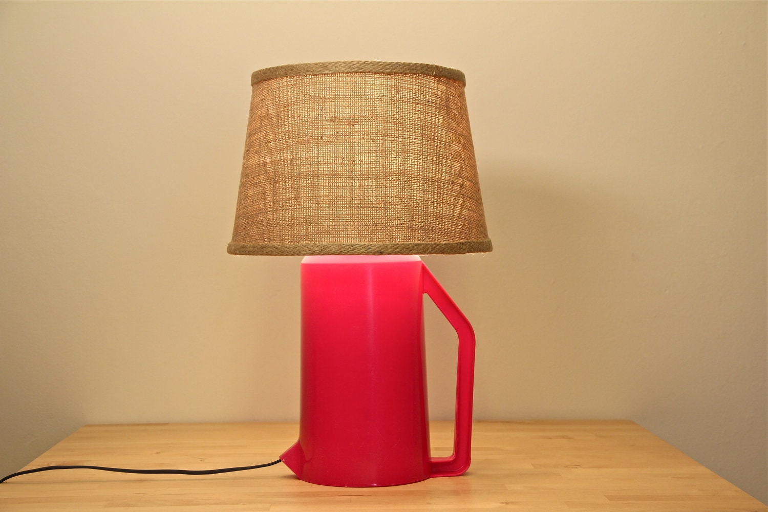 Repurposed Rubbermaid Pitcher Table Lamp Magenta - Burlap Lamp Shade