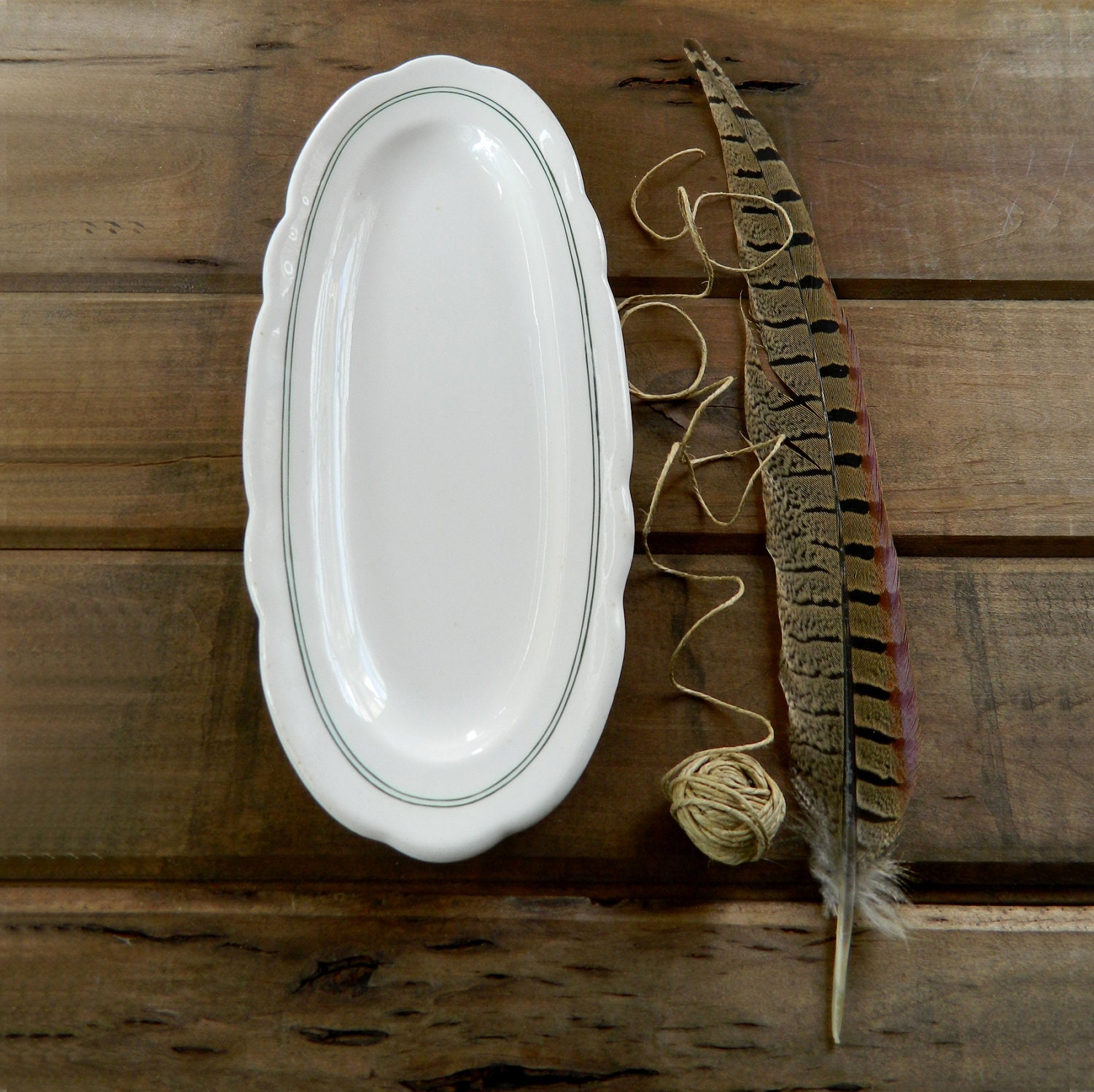 Sterling China Small Rustic Restsurant Platter - Creamy White - Dark Green Double LIne Border