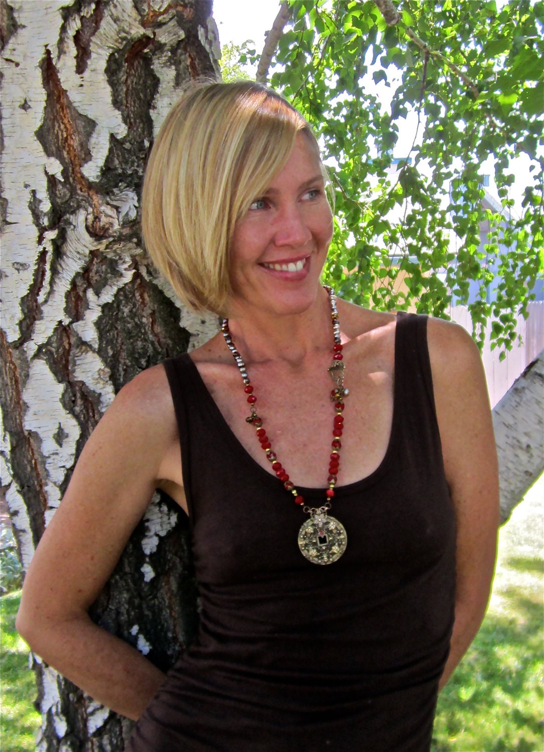 Red Crystal & Pearl Necklace- Bronze Filigree Pendant