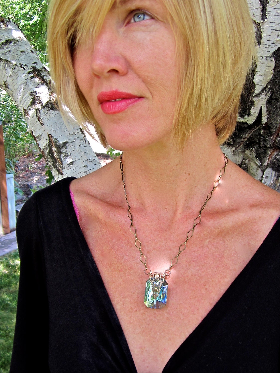 Light Blue Crystal Necklace with Brass Diamond Chain