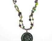 Green Dragon Carved Agate Necklace with 2 Strands of Pearls and Swarovski Crystals