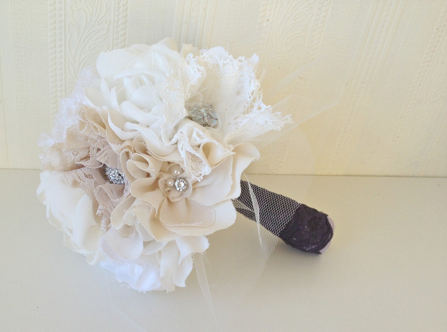 Fabric flower bouquet, Bridal bouquet, Vintage inspired weddings, Cotton chiffon & lace bouquet
