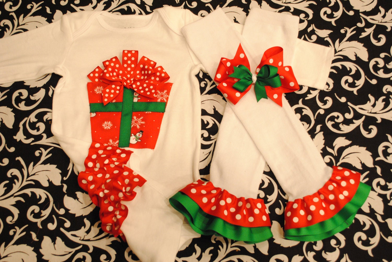 Ruffle Ribbon Bottom Christmas Present Bodysuit Onesie, Legwarmers, and Bow