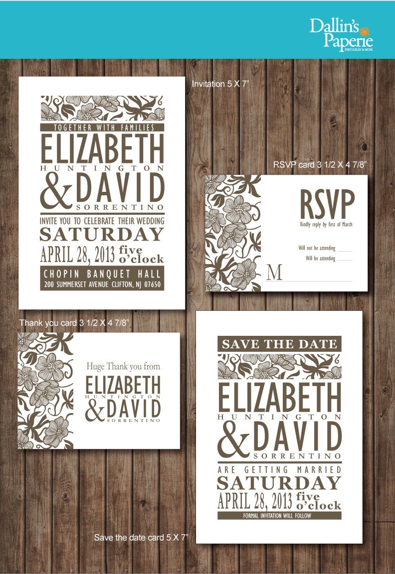 Damask Brown flower Wedding Invitation RSVP Thank you card Save the date DIY Printable - Customized