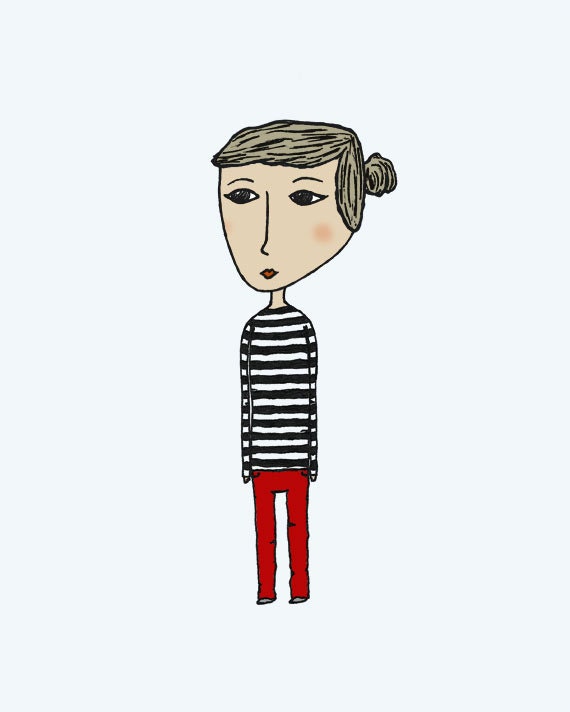 Stripe Girl - Pen and Ink Illustration - 8 x 10 Print