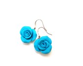 Rosebud Rose Flower Polymer Clay Turquoise Blue Dangle Earrings. Turquoise Blue Jewelry. Turquoise Blue Roses.Flower Jewelry