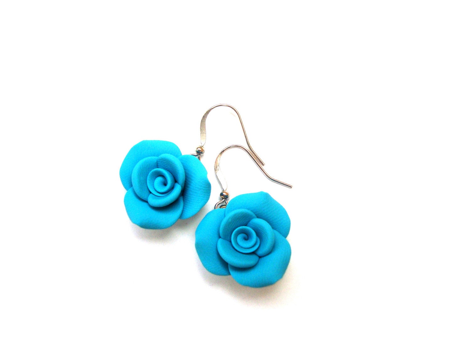 Rosebud Rose Flower Polymer Clay Turquoise Blue Dangle Earrings. Turquoise Blue Jewelry. Turquoise Blue Roses.Flower Jewelry