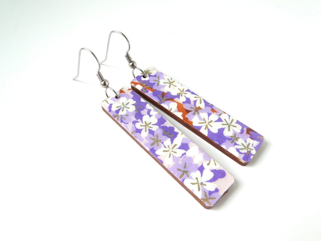 Long Purple Earrings, Cherry Blossoms, Lavender, Japanese Washi Chiyogami Yuzen, Origami Paper, Decoupage, Made to Order, Gift under 20