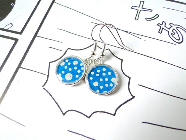 Cobalt Blue Earrings, Tiny Dangles, Polka dots, Resin, Japanese Yuzen Chiyogami Washi, Origami paper, Silver Plated, Gift under 15