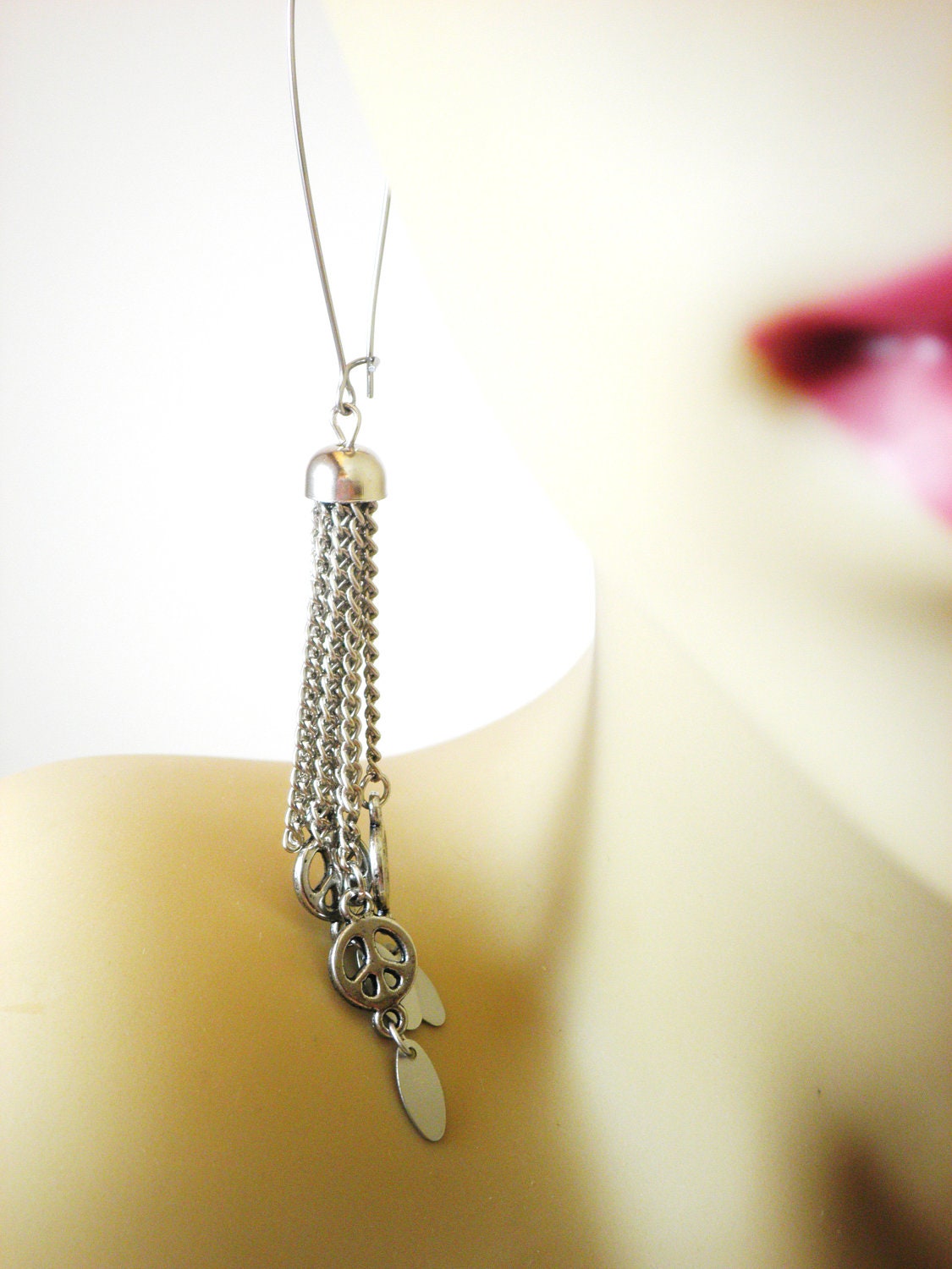 Peace Sign Earrings Metal Tassel Shoulder Duster Long Earrings