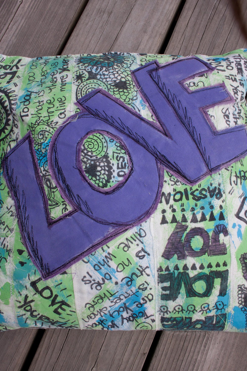 Upcycled Graffiti Art Pillow LOVE, White Cotton, Hand painted,  Eco-Friendly Home Decor, Teen Bedroom