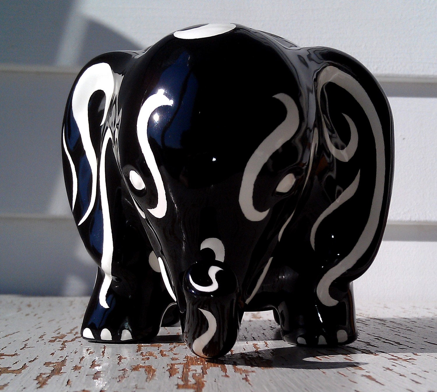 Elephant statue, Elephant bank, Baby elephant, Ceramic elephant, hand painted black elephant with white swirls, glazed