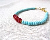 SALE 30% OFF Turquoise Bracelet, Ruby Red Faceted Glass, Stackable, Dainty, Minimalist