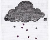 Stargazer cloud, raining stars pencil illustration // A3 print
