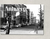 Antwerp Postcard Photography-Black and White Typography-Belgian Girl Releases Balloon-Art Deco Vintage Style Print