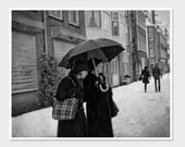 Vintage Inspired Photo-Retro Umbrella Ladies in Amsterdam Winter Snow-Black and White Vintage Style Photography-8x10