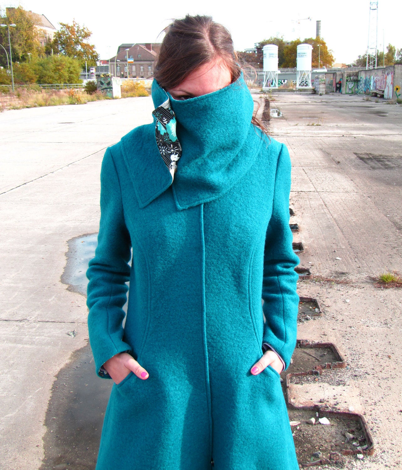 womens coat "Robin" wool,winter,large collar,warm,cotton lining,turquoise,petrol