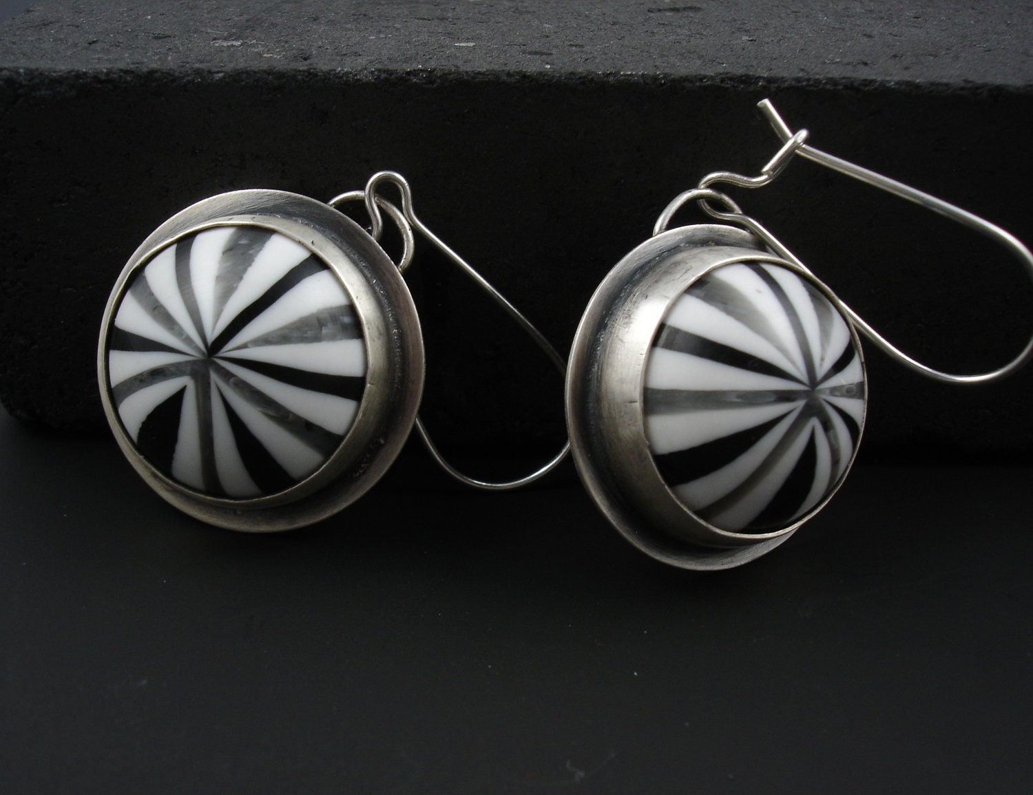 Sterling silver and Lucite black gray stripe earrings