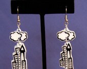 Downtown Earrings - Shrinky Dinks - Shrink Plastic - Cityscape with Clouds