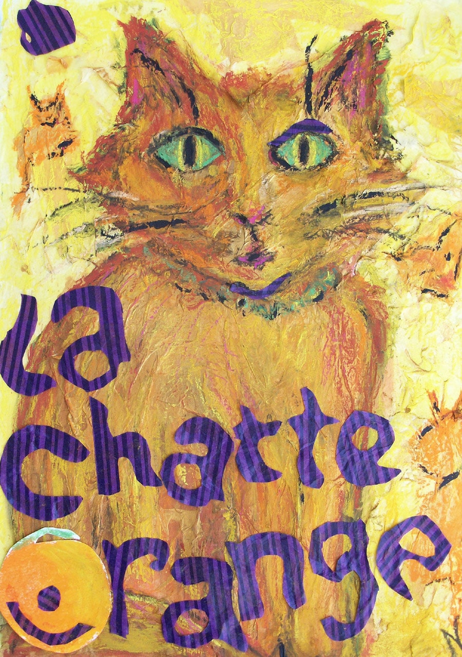 La Chatte Orange Original Whimsical Mixed Media Orange Cat Art by Niki Hilsabeck