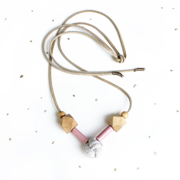 Statement Knot Necklace / geometric wood beads, handmade rope knot, pink porcelain, long leather cord - unique limited edition art necklace