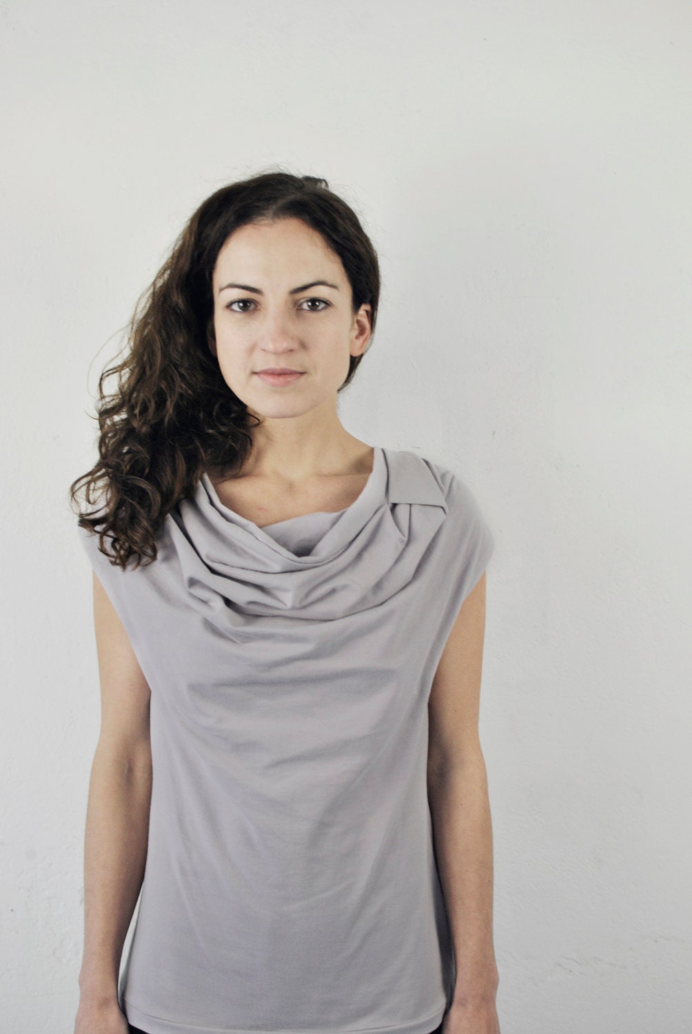 shirred front cowl neck shirt,  jersey top, smokey rose