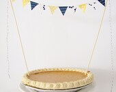 Fabric Cake Bunting Decoration - Cake Topper - Preppy Nautical Wedding, Birthday Party, Shower Decor mustard yellow, navy blue, denim stripe