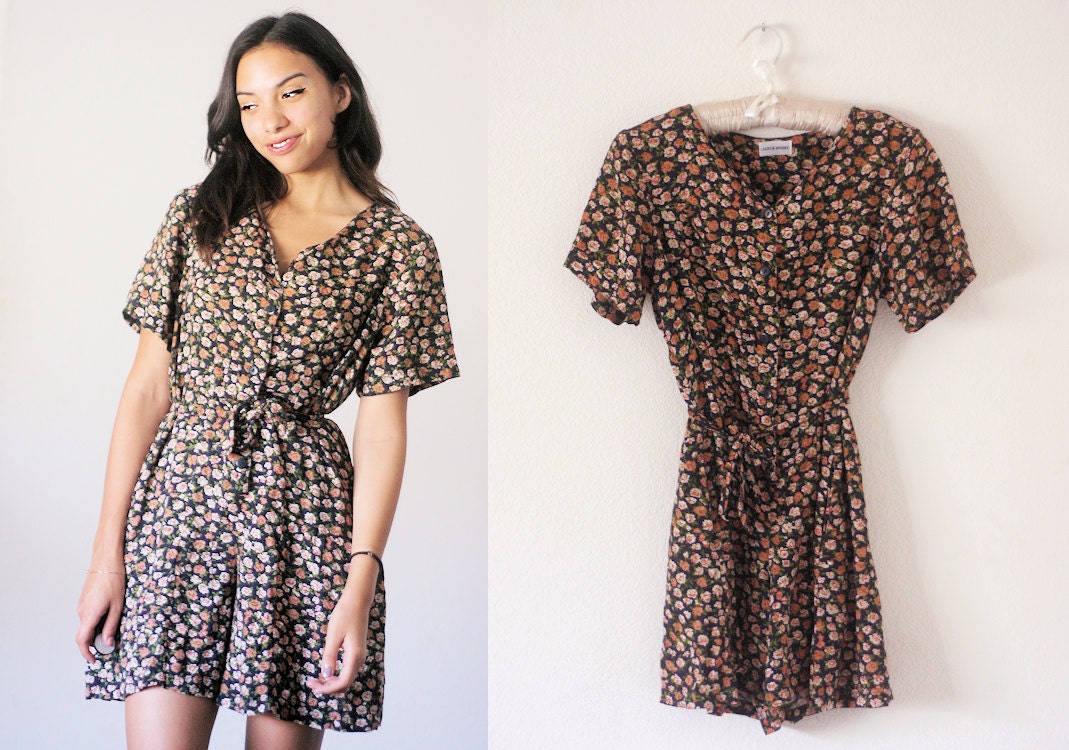 90's adorable black floral mini romper grunge onesie medium large