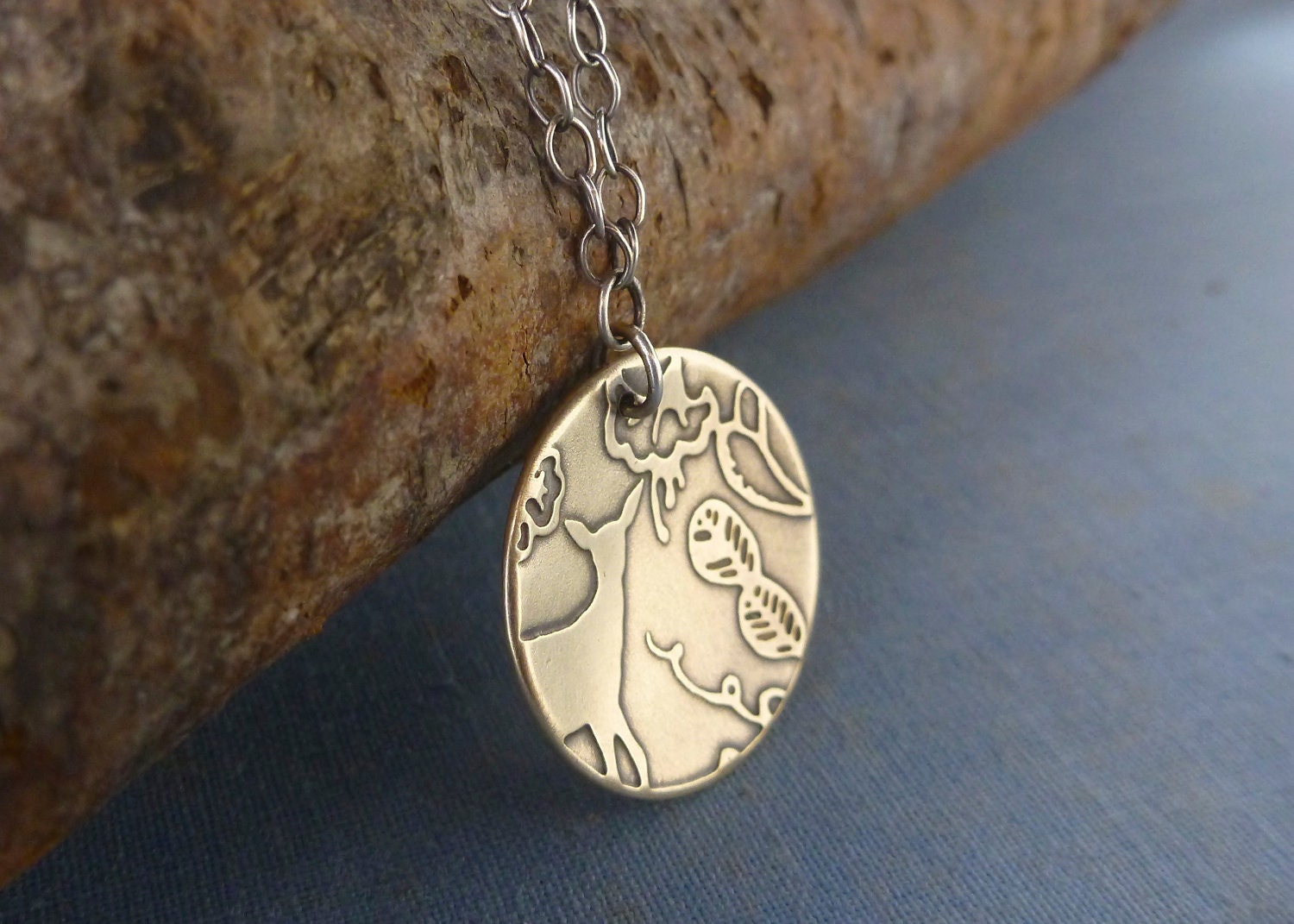 brass Fawn in Jacobean Forest  necklace -woodland animal - floral  forest - sterling silver adjustable chain