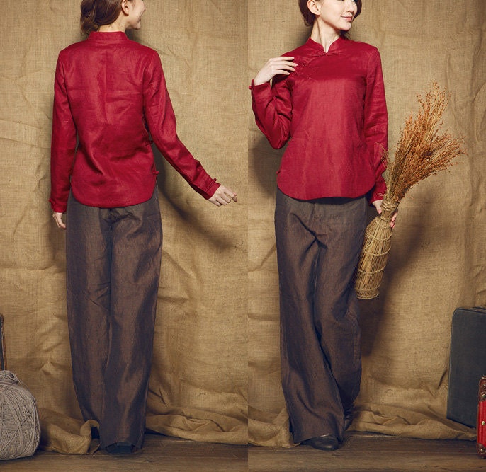 red tunic / linen winter shirt top / longsleeve blouse - custom