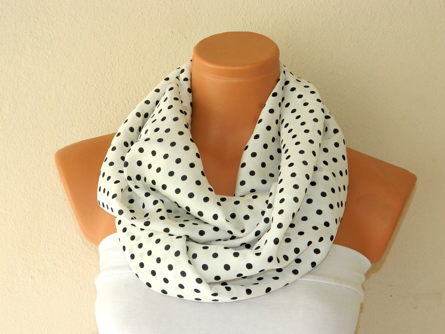 Black and Ecru polka dot Infinity Scarves Silky Chiffon Loop Infinity Scarves. Circle Scarf ,Womens Accessories.