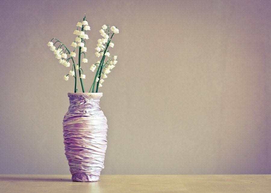Lily of the Valley Flowers and Pink Vase Photograph, Still Life Photography Pastel Pink Rhapsody Purple Rose Smoke 5x7