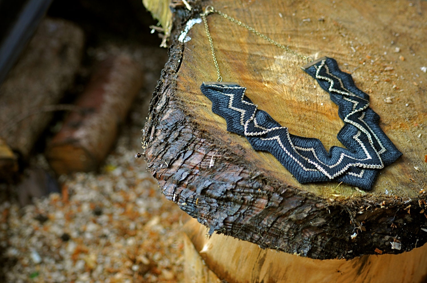 Thistle - Knitted Statement Necklace, Sculptural Chevron knit in Charcoal and Gold
