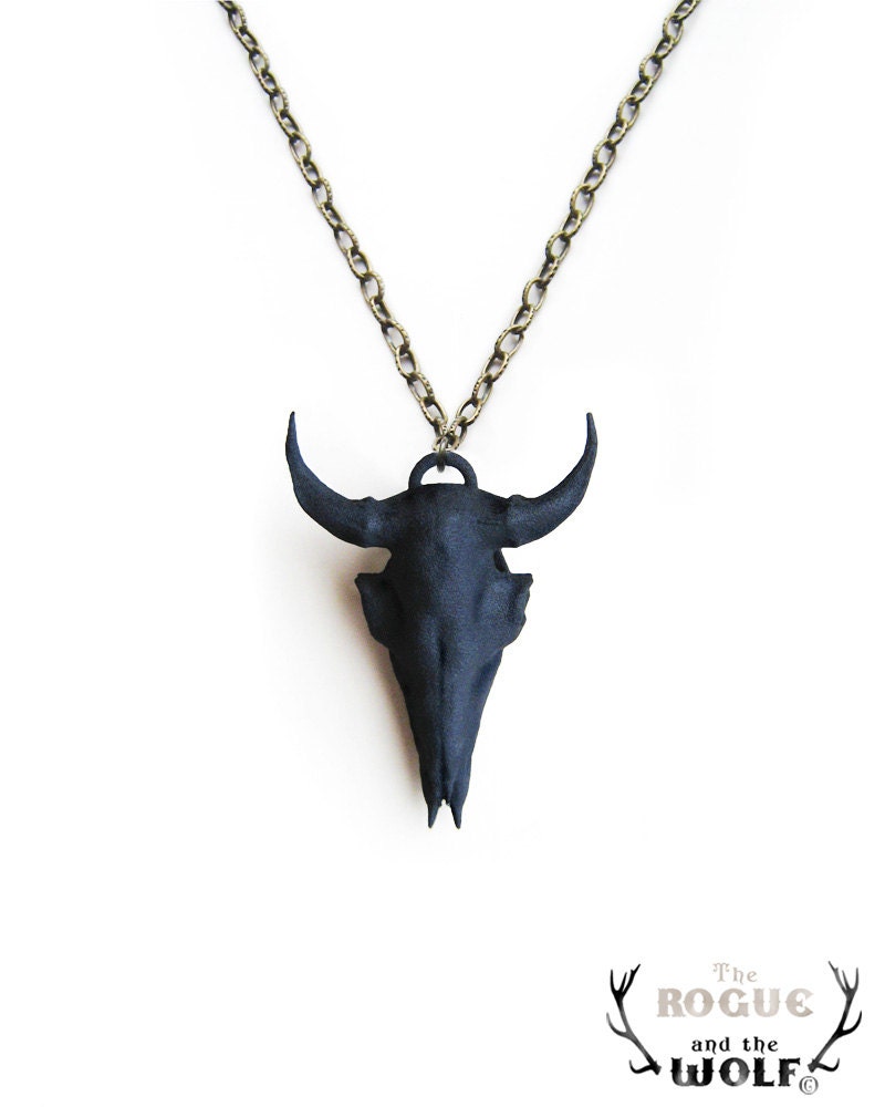 Black Bison Skull Necklace, buffalo skull pendant, animal skull jewelry, modern necklace, trophy skull, bison head, buffalo head