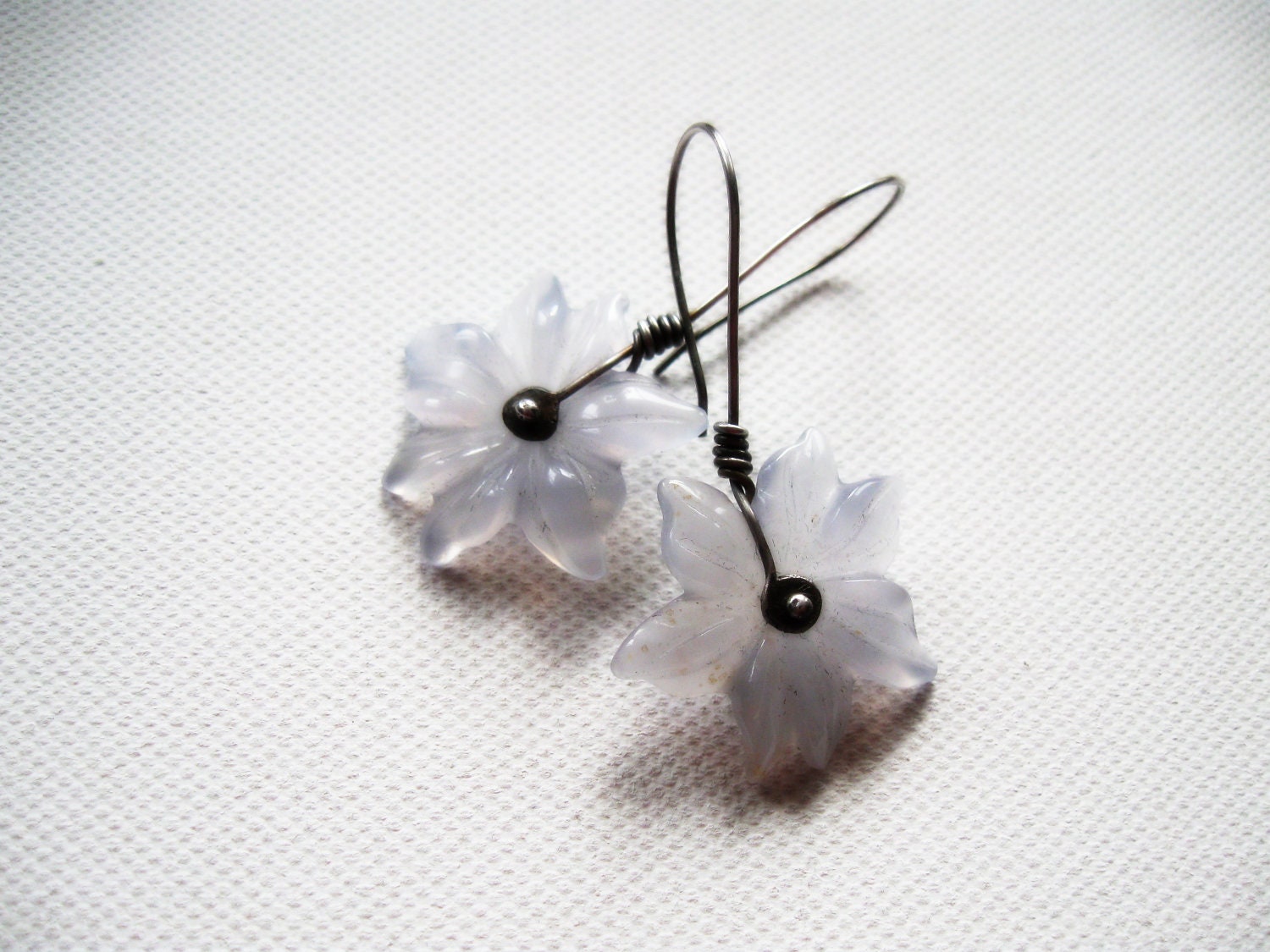 Blue Chalcedony Earrings Flower Dangles Sterling Silver Drop Carved Gemstone Tanzanite  Metalsmithing