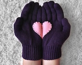 Heart Gloves, Dark Purple Gloves with Pink Felt Heart