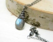 Labradorite Necklace, Oxidized Sterling Silver Wire Wrapped Blue Flash Labradorite Necklace - NaturallySterling